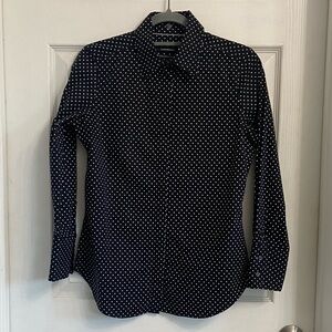 Club Monaco Women’s Button Up Blouse Size S/P Black White Polka Dots Office